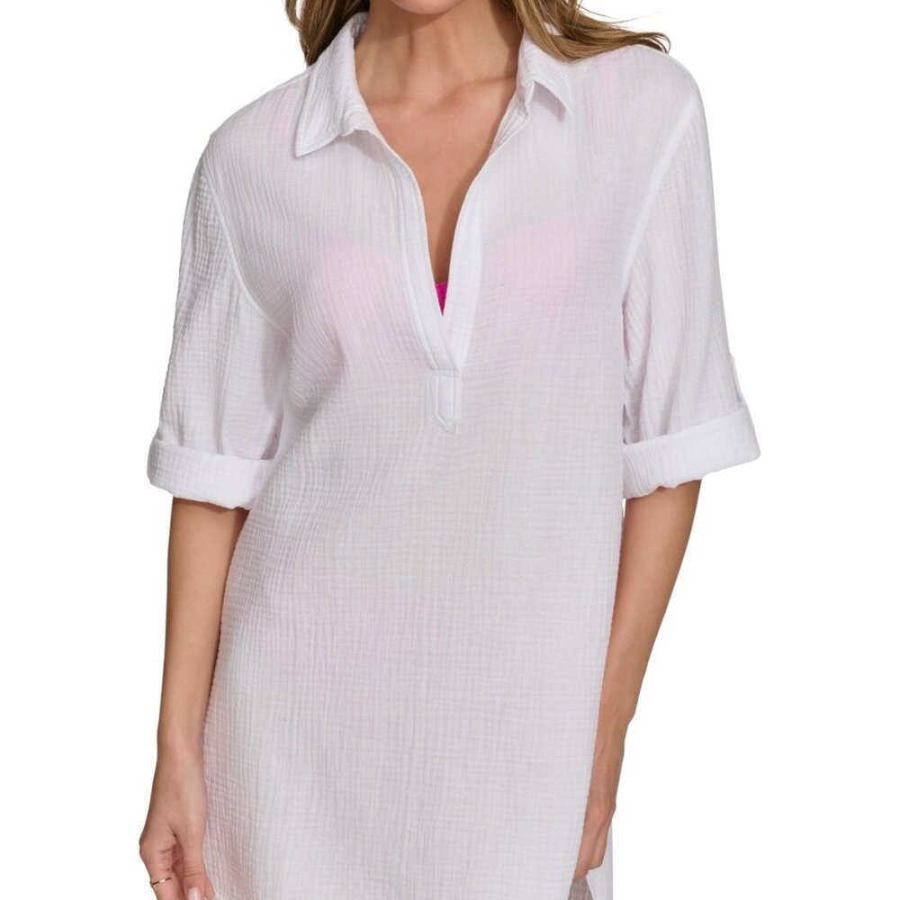 DKNY Women's Crinkled High-Low Cover-Up Dress Soft White Lightweight Beachwear